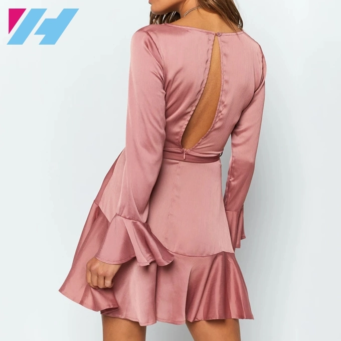 Fancy Satin Blush Long Sleeve Pleated Mini Dress