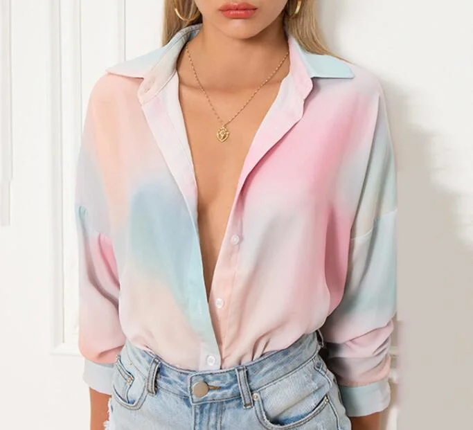 2020 Cheap Price Fashion Ladies′ Blouses Summer Shirt Loose Casual Tie Dye Shirts for Women Rtm-476