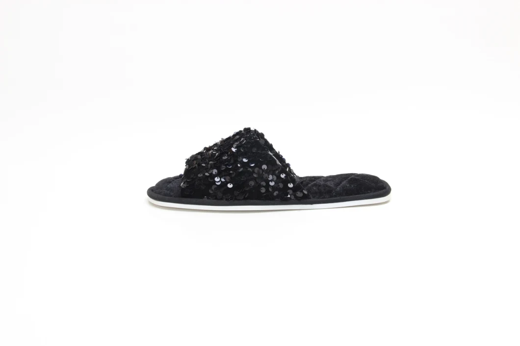 Open Toe Glitter Sequins Plush Furry Flat Mule Indoor Cozy Fuzzy Slippers Slip One Black 22as031-03