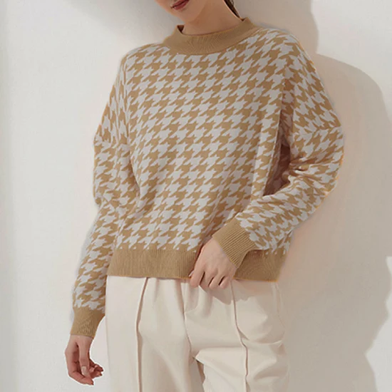 가을, 겨울 새 스타일 푹신한 소매 스웨터 짧은 스타일 여성 풀오버 히코리 격자 무늬 드레스