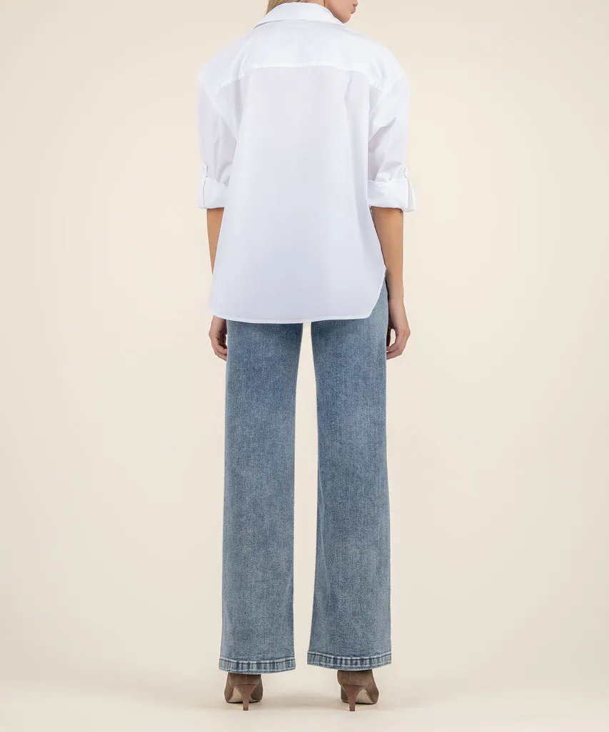 긴 소매 버튼 프론트 셔츠, 여성용 패션 블랙 인조 가죽 셔츠, 프론트 플리츠가 있는 오피스 블라우스