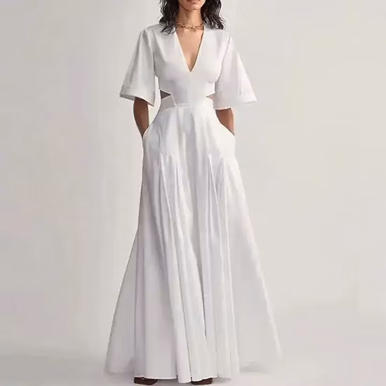 고품질 여성 캐주얼 V 넥 퓨어 컬러 긴 소매 여성 드레스
